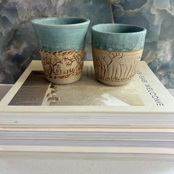Unmarked Stoneware Tumbler Cups Speckled Blue Etched Tree Design Set of 2 - Picture 1 of 12
